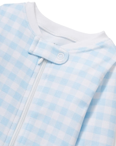 Petite Plume Infant Footie Romper in Light Blue Gingham