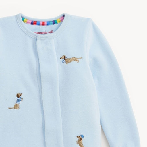 EMBROIDERY DOGS BLUE VELOUR FOOTIE