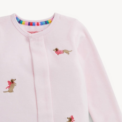 EMBROIDERY DOGS PINK VELOUR FOOTIE