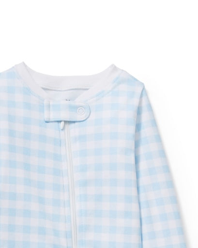 Petite Plume Infant Footie Romper in Light Blue Gingham