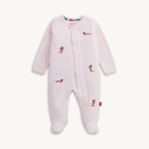 EMBROIDERY DOGS PINK VELOUR FOOTIE