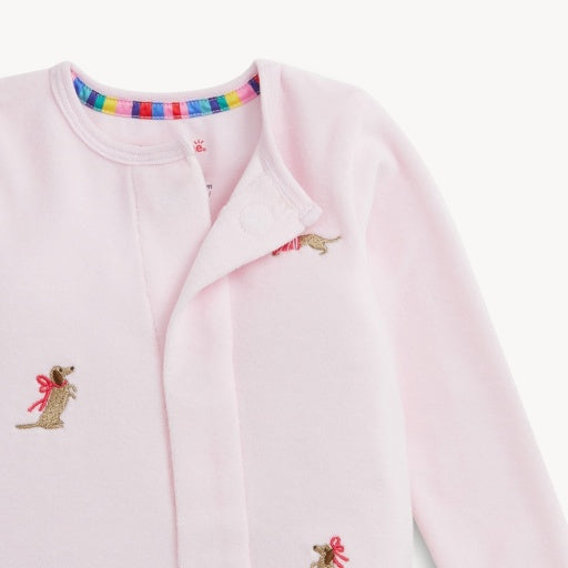 EMBROIDERY DOGS PINK VELOUR FOOTIE