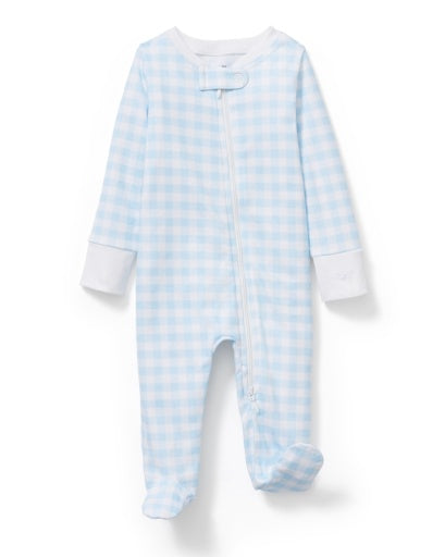 Petite Plume Infant Footie Romper in Light Blue Gingham